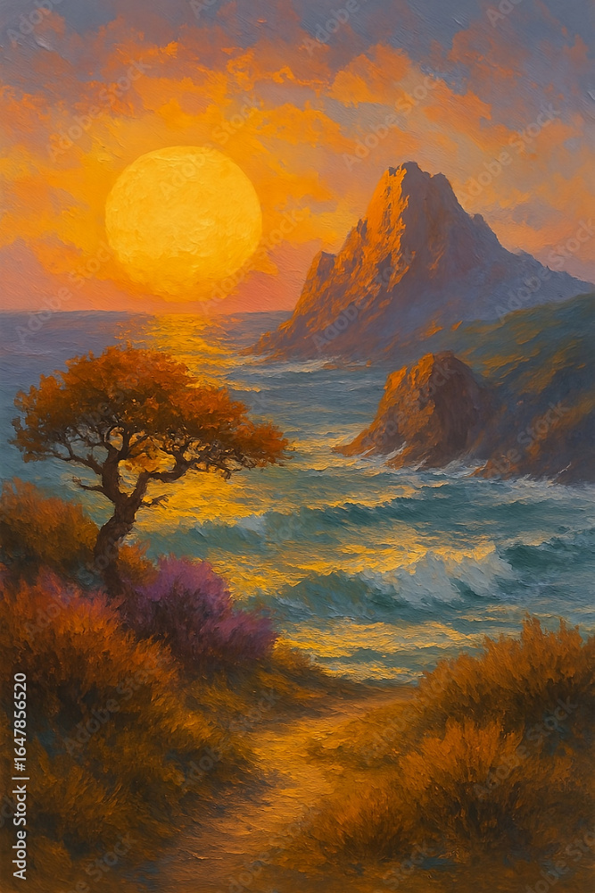 Naklejka premium Red evening sun sets behind jagged mountains, painting the sky with colors of dawn and dusk
