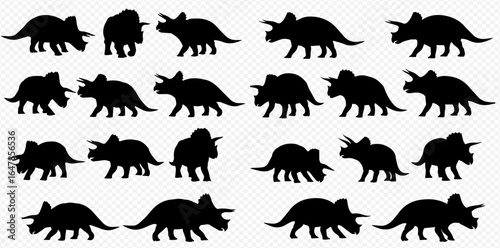 A collection of black Triceratops dinosaur silhouettes arranged in rows, showing various poses and angles on a transparent background.
