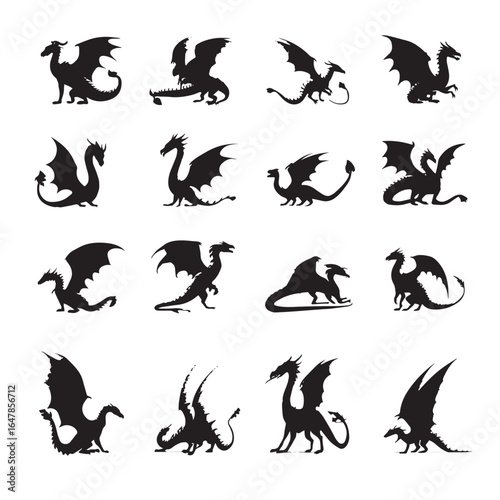 vector illustration of detailed dragon silhouette set, Black & White silhouette set 
