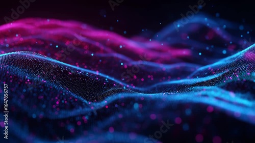 Abstract 3D wave of glowing particles in neon pink and blue digital landscape
