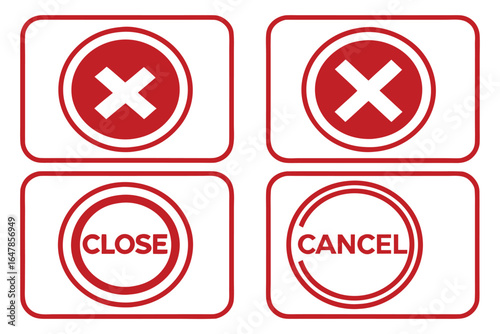 Red Close and Cancel Icons Representing Deletion or Dismissal with Round Rectangular Borders on White Background