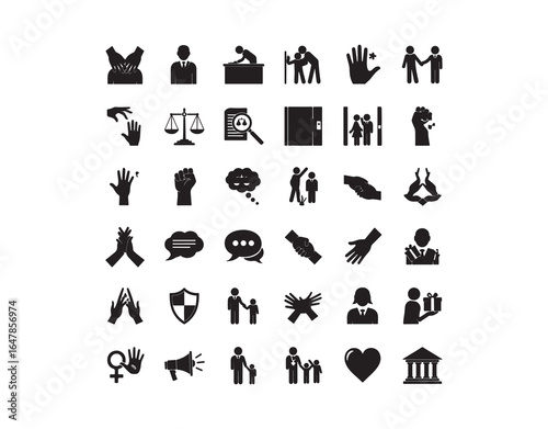 A collection of icons depicting sexual harassment in the workplace. These icons illustrate various scenarios involving unwanted touching or holding by a colleague or supervisor.
