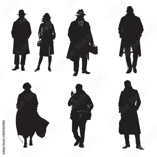 vector illustration of detective silhouette set, Black & White silhouette set 