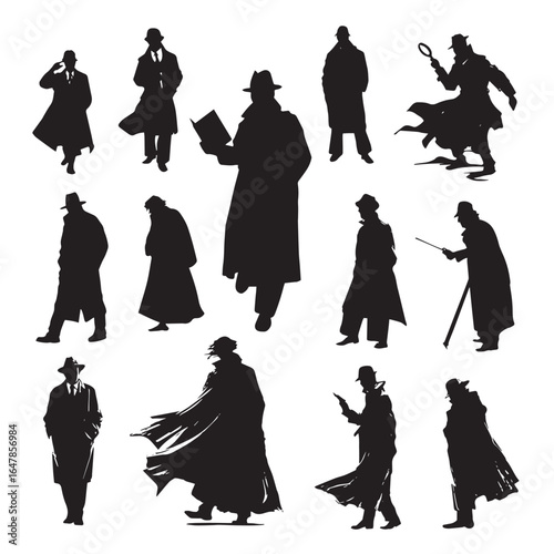 vector illustration of detective silhouette set, Black & White silhouette set 