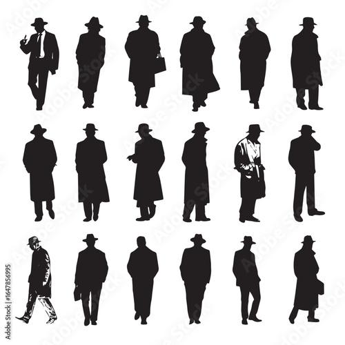 vector illustration of detective silhouette set, Black & White silhouette set 