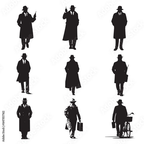 vector illustration of detective silhouette set, Black & White silhouette set 