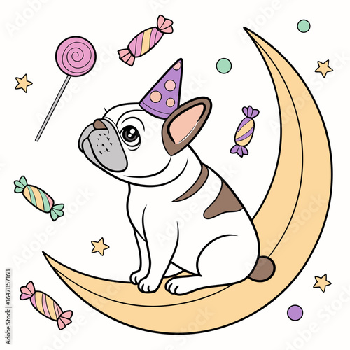 Bashful expression on a French Bulldog in a Birthday theme, with sitting on a moon – Candy Shop vector art