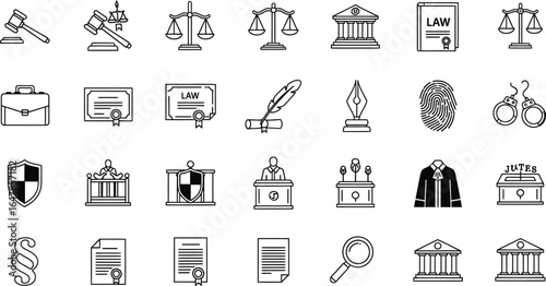 A collection of law and justice themed line icons arranged in a rectangular grid pattern on white