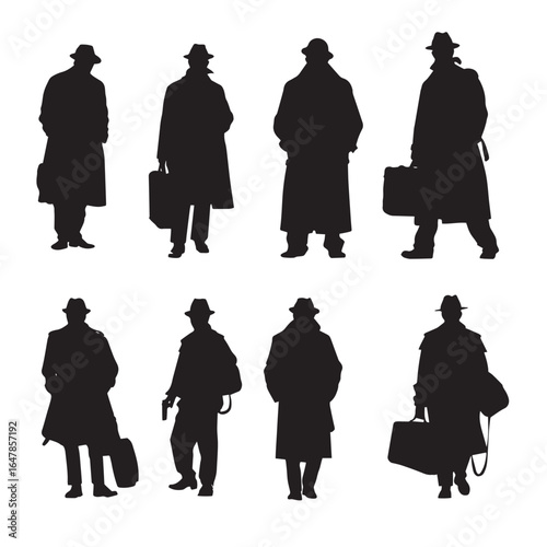 vector illustration of detective silhouette set, Black & White silhouette set 