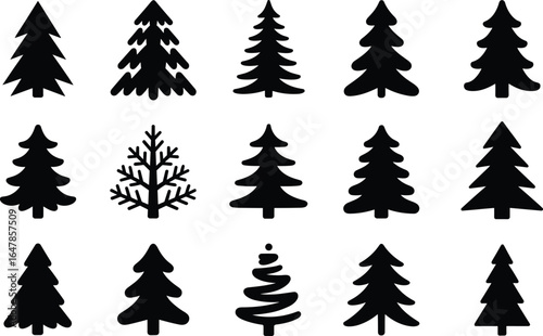 Black Christmas tree silhouettes collection, winter pine shapes, festive fir icons, nature graphic design elements, holiday decoration vector trees bundle