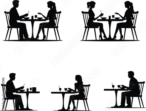 PrintDining silhouettes, restaurant couple, eating scene, table conversation, romantic dinner, food lovers, relationship moment, elegant meal, people eating, chairs
