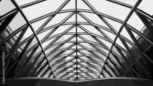 Architectural monochrome view of a modern glass and steel ceiling with geometric patterns and symmetry silhouette