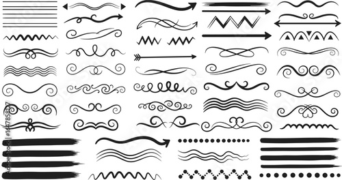 Decorative divider set, flourish ornaments, swirl borders, calligraphy lines, curly separators, vintage embellishments, hand-drawn design elements, ornate vector, decorative frame lines