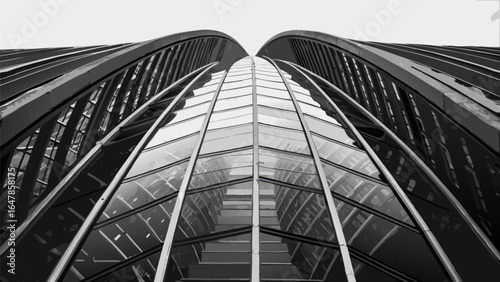 Looking up at a modern building with a glass facade and curved architectural design in black and white style silhouette