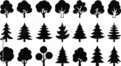 Black silhouette tree icons set with pine and deciduous varieties in minimal vector style for forest, nature, and ecology designs