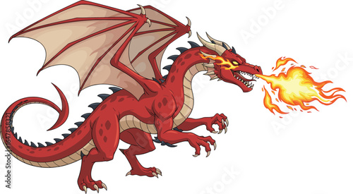 Red dragon illustration, fire-breathing creature, fierce fantasy beast, glowing eyes, sharp claws, large wings, muscular body, spiked back
