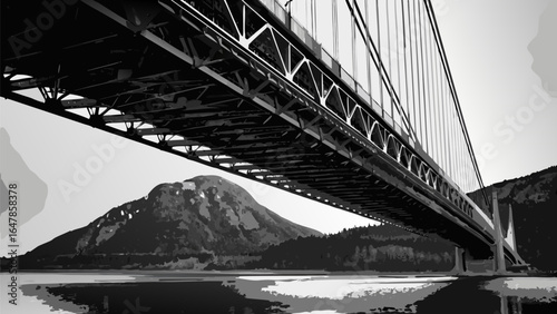 View of a large suspension bridge spanning a body of water with mountains in the background in grayscale silhouette