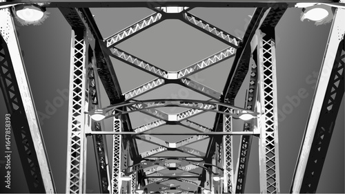 A low angle view of a bridge with intricate steel framework and lighting fixtures in monochrome style silhouette