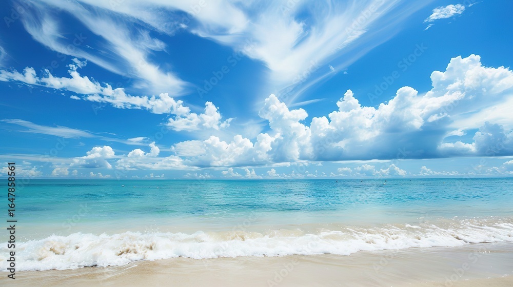 Fototapeta premium Coastal Bliss: Stunning Beach Scenery with Blue Sky and White Clouds – Golden Sand Stretching to Turquoise Waves, Palm Trees Swaying in the Breeze, Seagulls Gliding Overhead