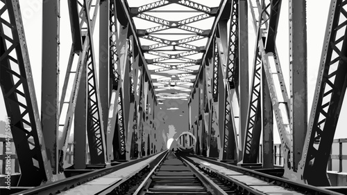 A black and white depiction of a railway bridge with intricate metalwork and converging tracks ahead view silhouette