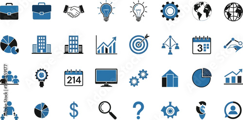 A collection of business and finance related icons in blue and black on a white background layout