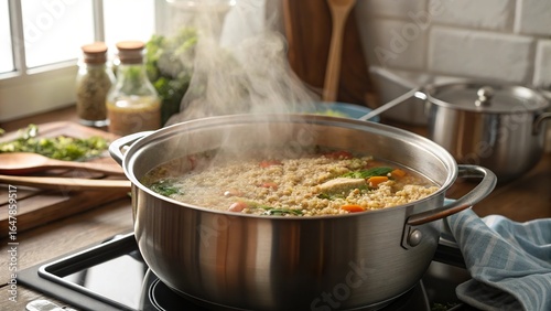 Cooking quinoa in vegetable broth with fresh vegetables on a stovetop in a cozy kitchen