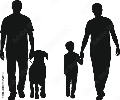 PrintFamily walking silhouette, gay couple with child, parents and kid with dog, happy family stroll, modern family concept image