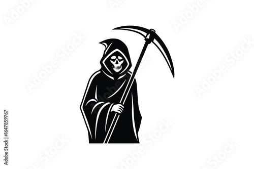 Grim reaper character in black and white holding a scythe standing alone silhouette