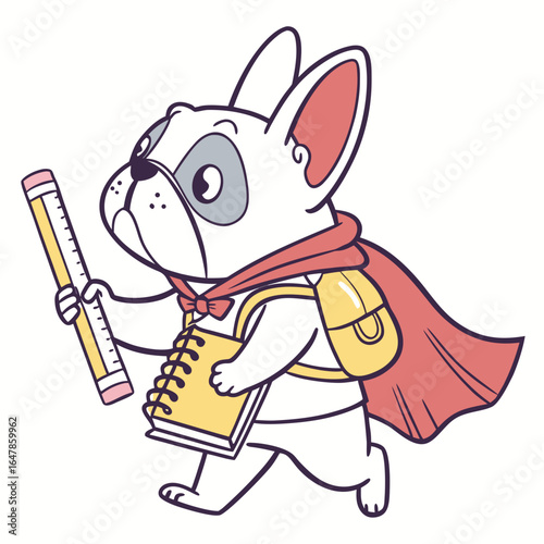 Cute Curious French Bulldog, accessorized with wearing a cape, in a Back to school world – Chalkboard Fun palette vector