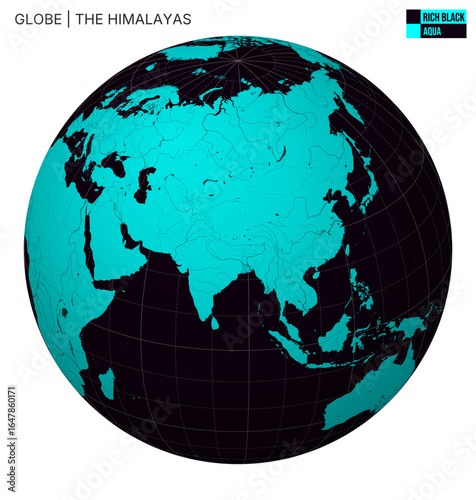 Vector Globe centered to The Himalayas. Rich Black Aqua palette. World map with meridians, parallels, countries, rivers and lakes. Appealing vector illustration.