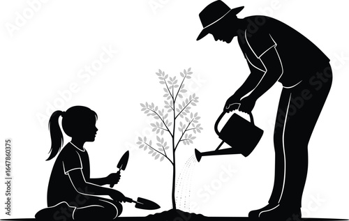 PrintFather and daughter gardening, watering plant, environmental care, eco-friendly lifestyle, planting tree, family activity, silhouette vector, nature illustration