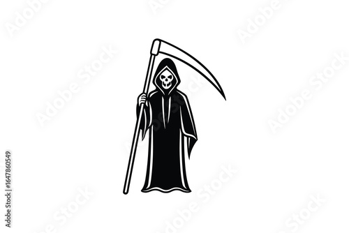 A cartoon grim reaper in a black hooded robe holding a scythe standing alone silhouette