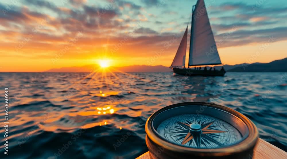 Navigating Golden Horizons: A sailboat cuts through tranquil waters at sunset, its silhouette framed by the warm glow of the setting sun, with a compass adding a touch of adventure.