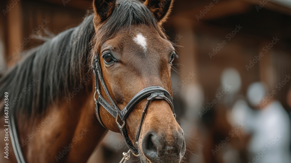Fototapeta premium Majestic brown horse with a gentle expression stands in a rustic barn during a sunny afternoon in the countryside