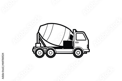 A black and white illustration of a cement mixer truck from the side view silhouette