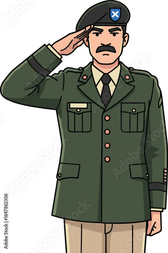 Military salute illustration, green uniform, beige shirt and tie, green beret, formal gesture, armed forces respect, disciplined pose