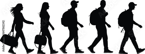 PrintGroup walking, silhouettes of people, carrying bags, backpacks, casual clothing, outdoor activity, diverse individuals, motion, urban lifestyle, travel, movement, teamwork