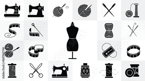 Sewing crafting supplies icons sewing machine yarn
