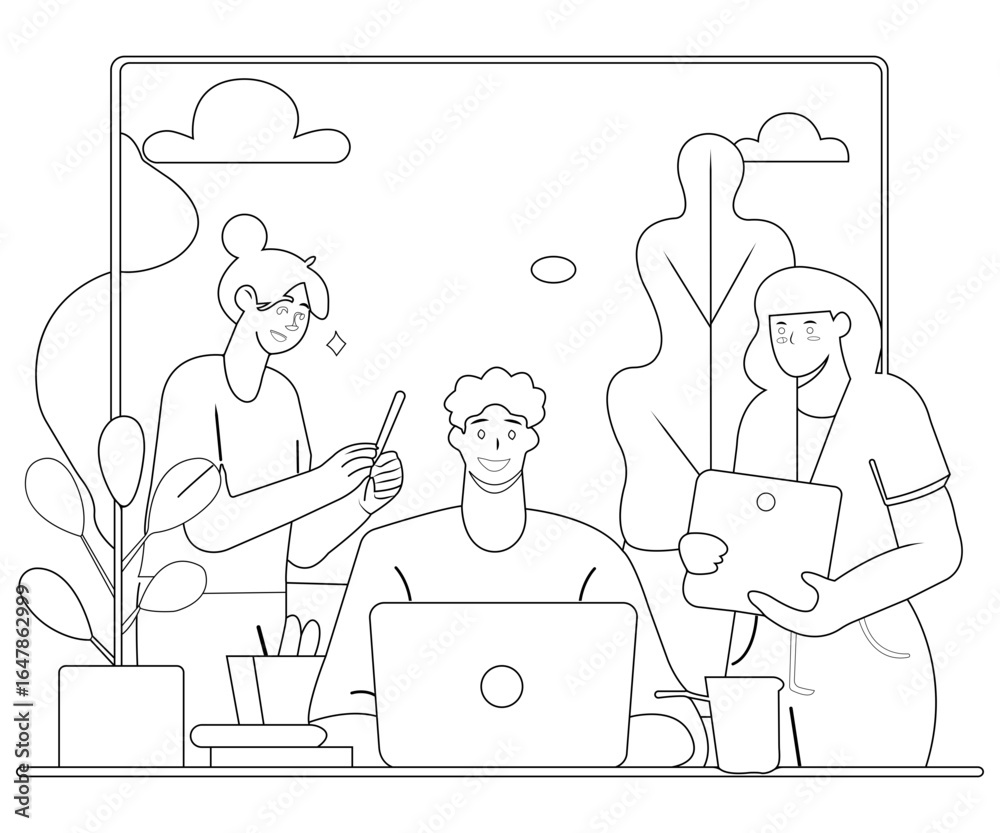 Flat Vector Illustration of Artists and Designers Collaborating in a Bright Creative Studio with Indoor Plants and a Relaxed Atmosphere with Line Art Flat Vector Illustration of Artists and Designers Collaborating in a Bright Creative Studio with Indoor Plants and a Relaxed Atmosphere with Line Art