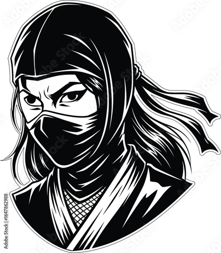  Intense Female Ninja Headshot: Dynamic Black and White Vector Art of a Masked Assassin with Flowing Hair - Ideal for Gaming, Martial Arts, and Graphic Design.
