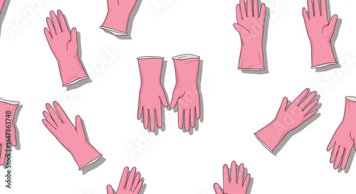 Pink rubber gloves pattern for cleaning, household chores protection, latex handwear, sanitation gloves, waterproof gloves illustration, hygiene safety equipment background