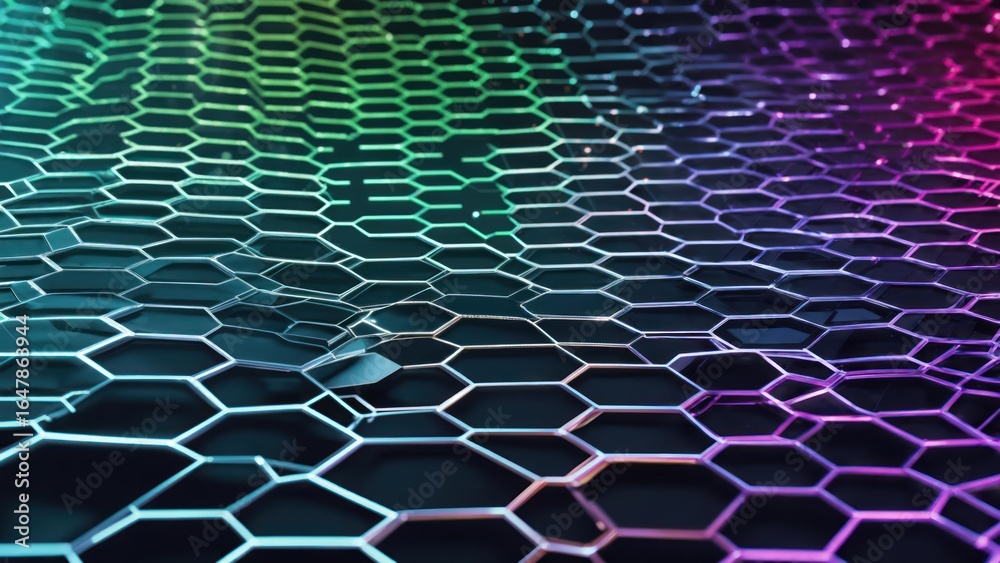 Fototapeta premium Luminous Hexagonal Lattice Rippling with a Green to Purple Gradient