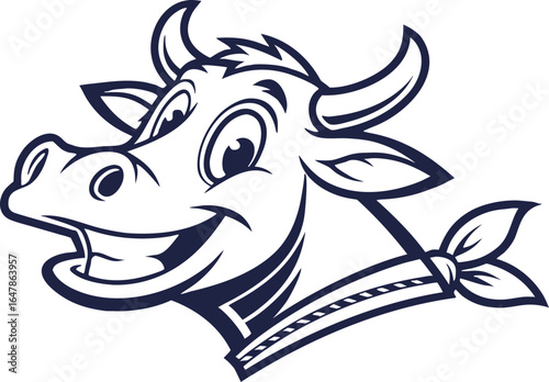 Happy cartoon cow head with a blue bandana