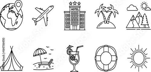 Travel and Tourism Icons Airplane, Globe, Hotel, Tropical Island, Mountains, Beach, Tent, Drink, Lifebuoy, Sun