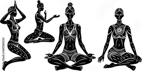 Black Yoga Pose Silhouette Set