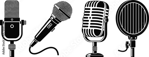 Set of vintage and modern microphones, vector illustration for music, podcast, broadcasting, recording, studio, audio equipment, and performance design