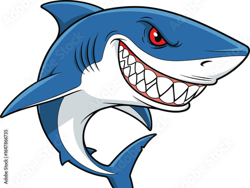 Cartoon shark, aggressive fish character, ocean predator illustration, smiling shark with teeth, sea animal art, dangerous marine creature, underwater wildlife graphic