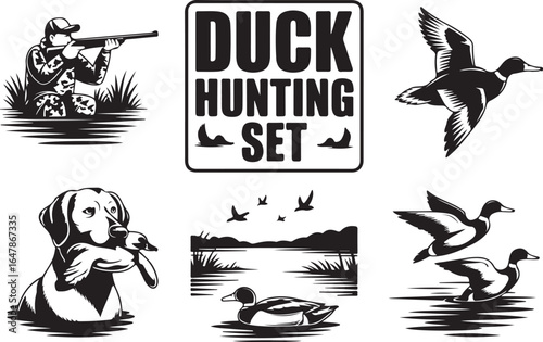 Duck hunting set with dog, hunter and flying birds