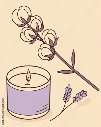 Single lavender candle beside a sprig of lavender