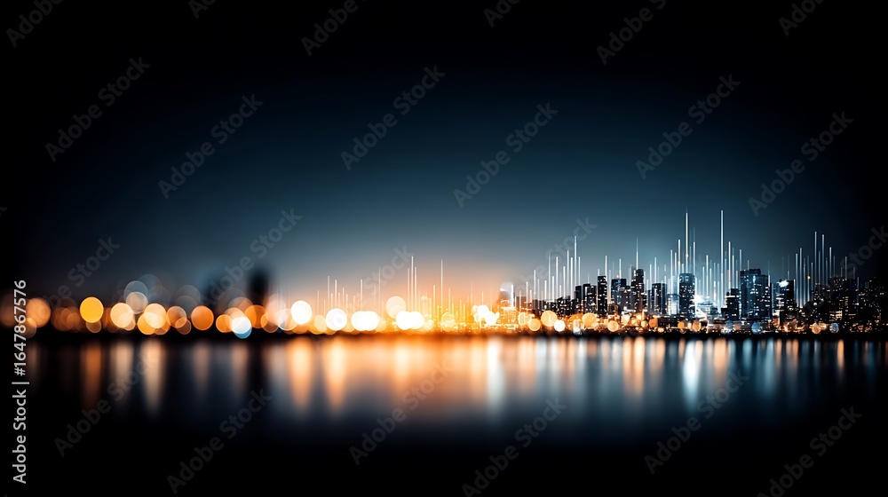 Fototapeta premium Night Skyline with Orange Lights Reflecting on Water Surface